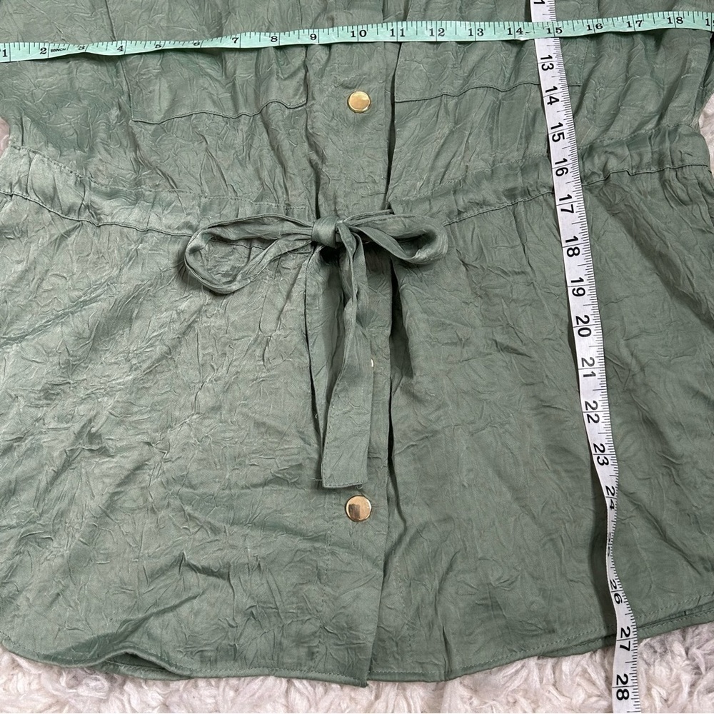 NWT Zara Green Satin Crinkle Cinch Waist Button Down Blouse - Picture 16 of 16